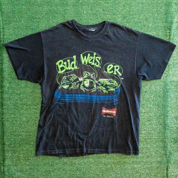 VINTAGE BUDWEISER 1995 YOUR PAD OR MINE FROGS MENS T-SHIRT RETRO BLACK TEE SZ XL - Picture 1 of 8